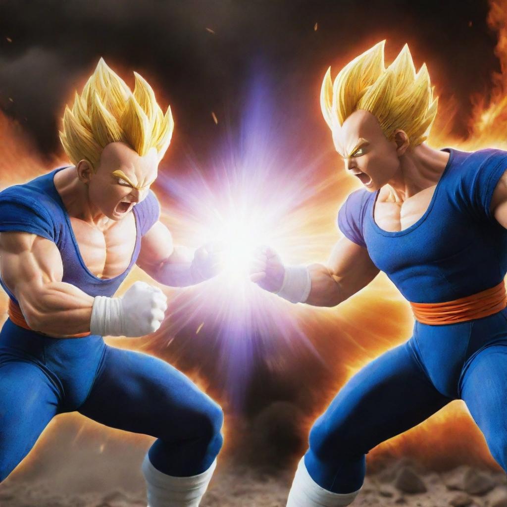 An intense battle scene between Gohan and Vegeta from Dragon Ball Z, showcasing their unique fighting styles, glowing auras and a highly energized battlefield.