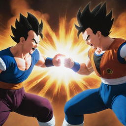 An intense battle scene between Gohan and Vegeta from Dragon Ball Z, showcasing their unique fighting styles, glowing auras and a highly energized battlefield.