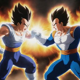 An intense battle scene between Gohan and Vegeta from Dragon Ball Z, showcasing their unique fighting styles, glowing auras and a highly energized battlefield.