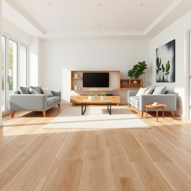 Interior design of a living room featuring light brown ceramic flooring designed to resemble floating wood