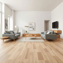 Interior design of a living room featuring light brown ceramic flooring designed to resemble floating wood