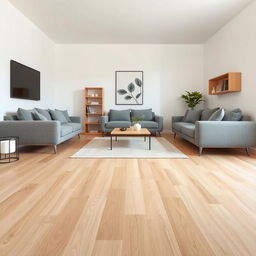 Interior design of a living room featuring light brown ceramic flooring designed to resemble floating wood