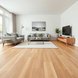 Interior design of a living room featuring light brown ceramic flooring designed to resemble floating wood