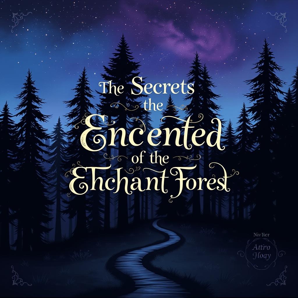 A captivating book cover design featuring a mysterious forest at twilight, with tall, dark trees silhouetted against a deep blue and purple sky, scattered with sparkling stars