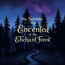 A captivating book cover design featuring a mysterious forest at twilight, with tall, dark trees silhouetted against a deep blue and purple sky, scattered with sparkling stars