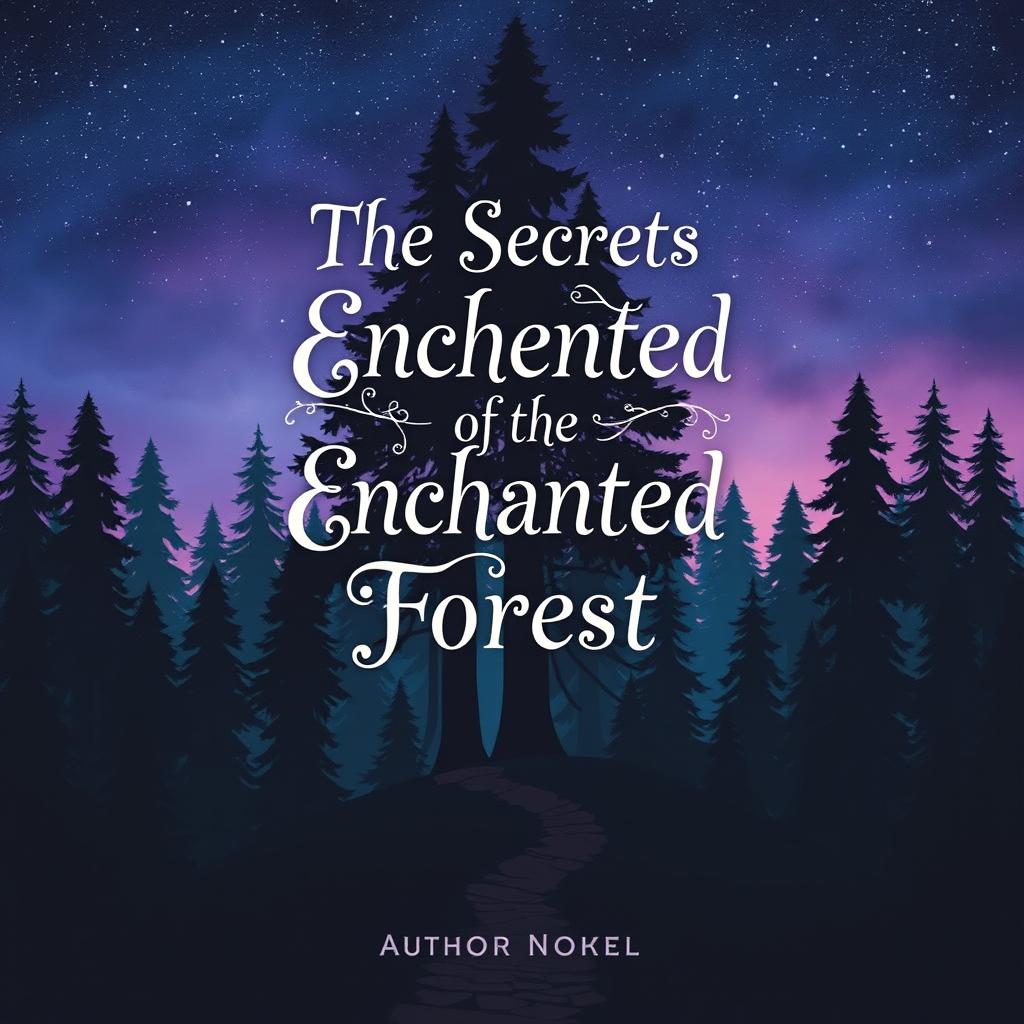 A captivating book cover design featuring a mysterious forest at twilight, with tall, dark trees silhouetted against a deep blue and purple sky, scattered with sparkling stars