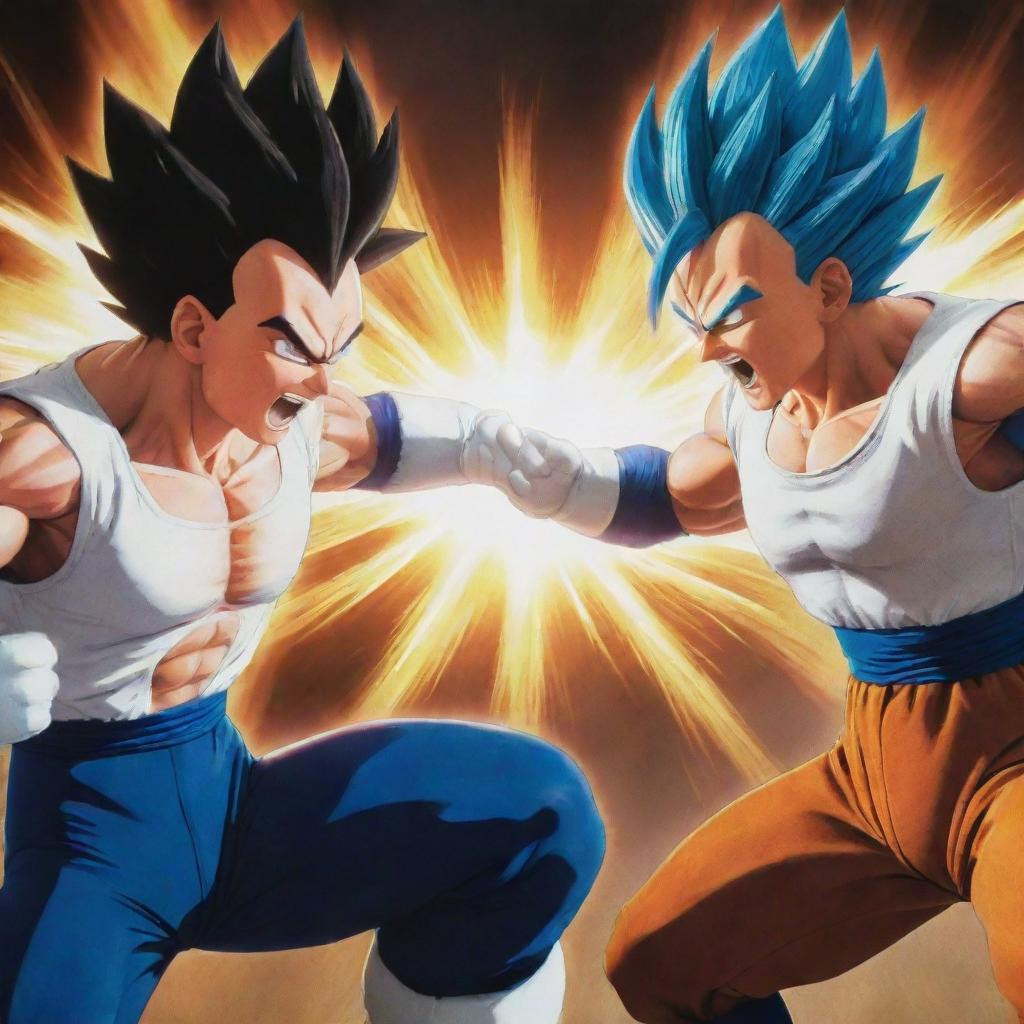 An intense battle scene between Gohan and Vegeta from Dragon Ball Z, showcasing their unique fighting styles, glowing auras and a highly energized battlefield.