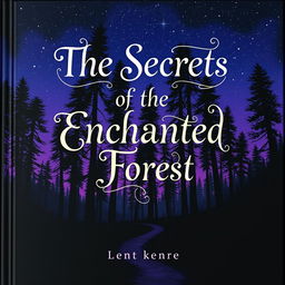 A captivating book cover design featuring a mysterious forest at twilight, with tall, dark trees silhouetted against a deep blue and purple sky, scattered with sparkling stars