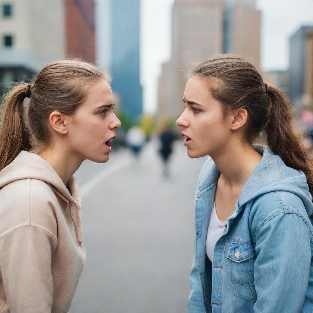 Two teenage girls in a heated conversation, their faces displaying strong emotions of frustration and determination. Vibrant city background with people watching the intense verbal face-off.