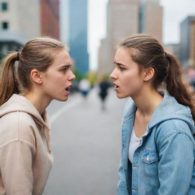 Two teenage girls in a heated conversation, their faces displaying strong emotions of frustration and determination. Vibrant city background with people watching the intense verbal face-off.