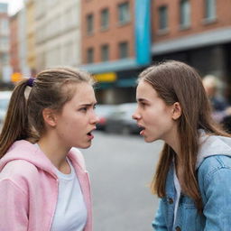 Two teenage girls in a heated conversation, their faces displaying strong emotions of frustration and determination. Vibrant city background with people watching the intense verbal face-off.