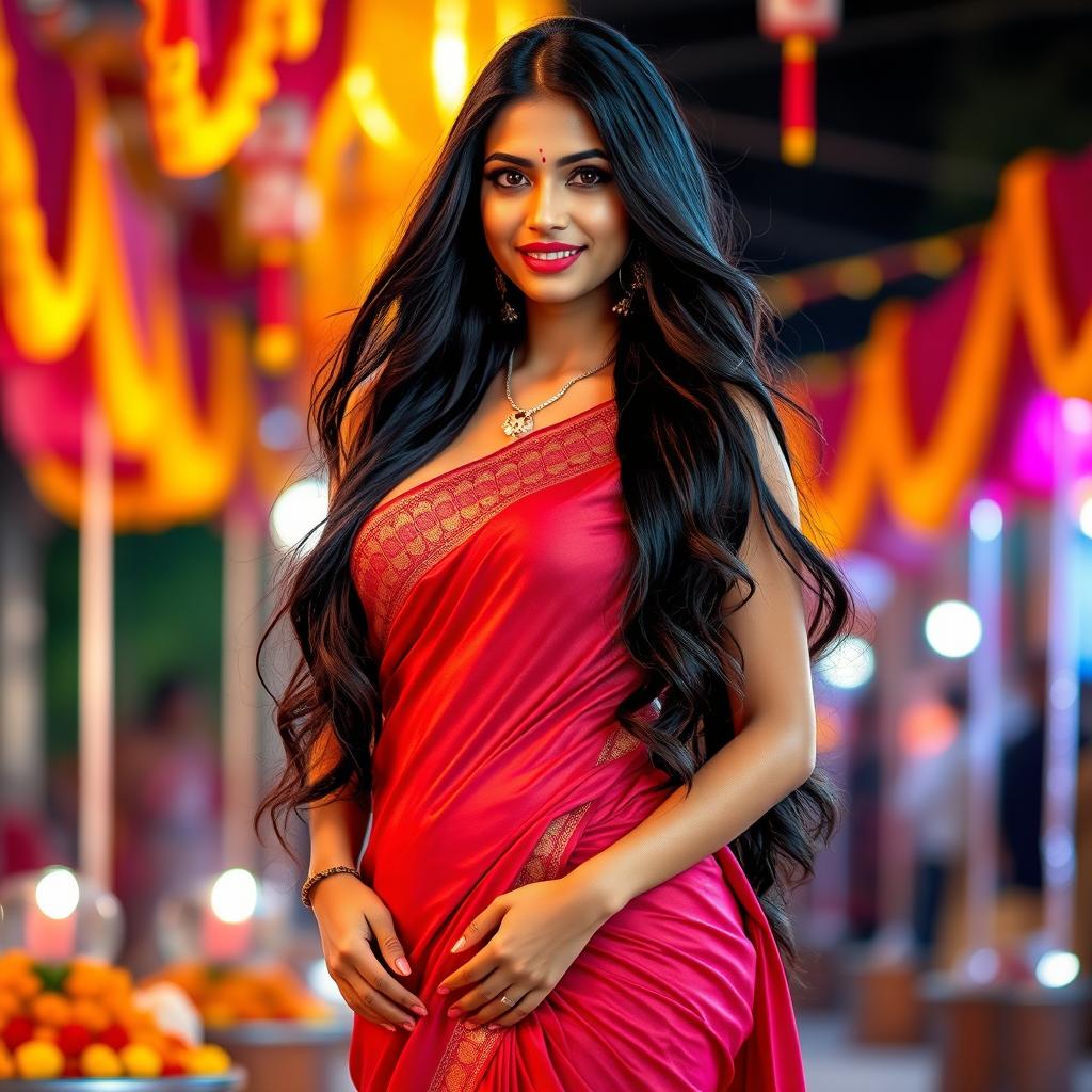 A stunning Indian woman with long, flowing black hair, dressed in a sexy, form-fitting traditional saree that accentuates her curves