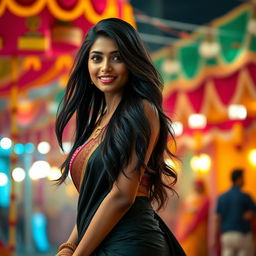 A stunning Indian woman with long, flowing black hair, dressed in a sexy, form-fitting traditional saree that accentuates her curves