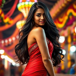 A stunning Indian woman with long, flowing black hair, dressed in a sexy, form-fitting traditional saree that accentuates her curves