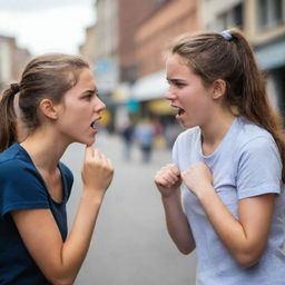 Two teenage girls in a heated conversation, their faces displaying strong emotions of frustration and determination. Vibrant city background with people watching the intense verbal face-off.