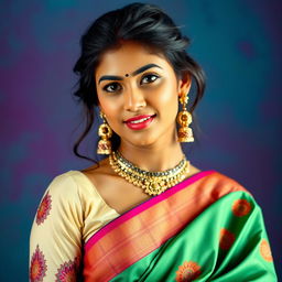 A young Indian woman with captivating features, exuding charm and confidence, wearing a beautifully designed, colorful saree with an elegant blouse