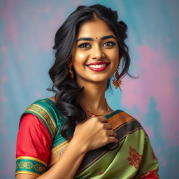 A young Indian woman with captivating features, exuding charm and confidence, wearing a beautifully designed, colorful saree with an elegant blouse