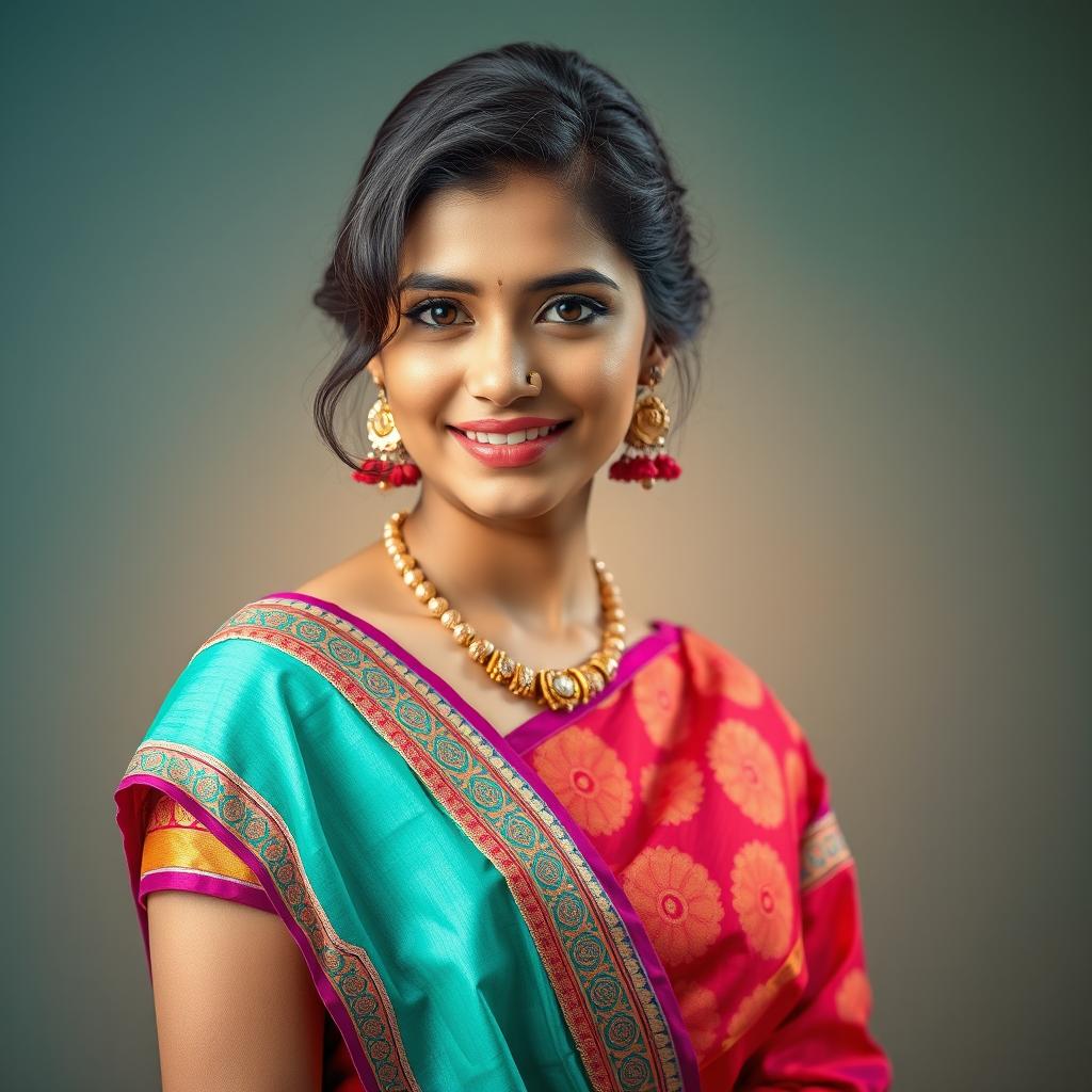 A young Indian woman with captivating features, exuding charm and confidence, wearing a beautifully designed, colorful saree with an elegant blouse