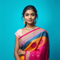 A young Indian woman with captivating features, exuding charm and confidence, wearing a beautifully designed, colorful saree with an elegant blouse