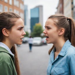 Two teenage girls in a heated conversation, their faces displaying strong emotions of frustration and determination. Vibrant city background with people watching the intense verbal face-off.