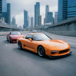 An exciting scene featuring Gohan from Dragon Ball Z and a high-speed Mazda RX-7 racing each other on a futuristic city highway.