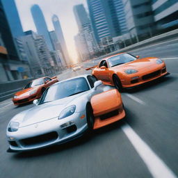 An exciting scene featuring Gohan from Dragon Ball Z and a high-speed Mazda RX-7 racing each other on a futuristic city highway.