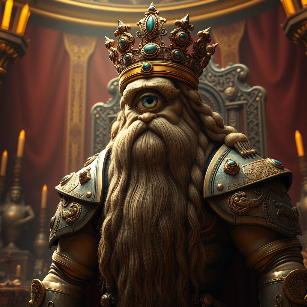 A majestic cyclops king, adorned with a long, luxurious beard that flows down his broad chest