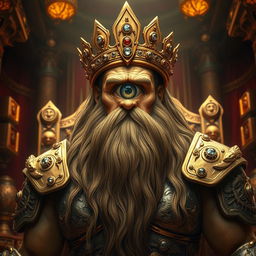 A majestic cyclops king, adorned with a long, luxurious beard that flows down his broad chest