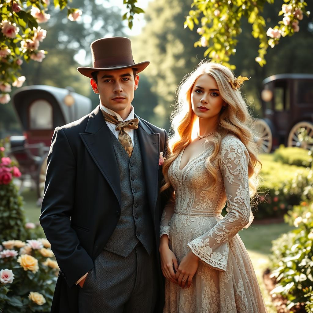 A wealthy young man from the year 1900, wearing a tailored suit and a top hat, standing confidently beside a beautiful young woman with long, flowing light-colored hair