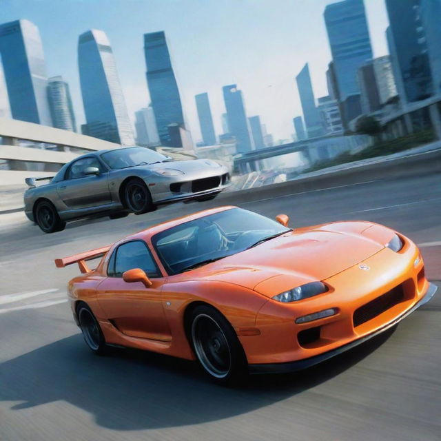 An exciting scene featuring Gohan from Dragon Ball Z and a high-speed Mazda RX-7 racing each other on a futuristic city highway.