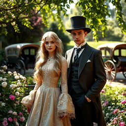 A wealthy young man from the year 1900, wearing a tailored suit and a top hat, standing confidently beside a beautiful young woman with long, flowing light-colored hair