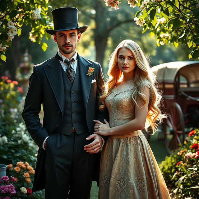 A wealthy young man from the year 1900, wearing a tailored suit and a top hat, standing confidently beside a beautiful young woman with long, flowing light-colored hair