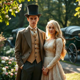 A wealthy young man from the year 1900, wearing a tailored suit and a top hat, standing confidently beside a beautiful young woman with long, flowing light-colored hair