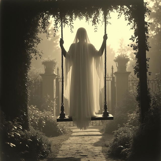 A hauntingly beautiful ghost swinging on a vintage swing in a Victorian garden, surrounded by lush, overgrown bushes and ornate iron gates