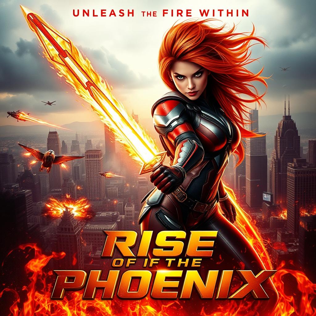 A captivating film poster for a fictional action movie titled 'Rise of the Phoenix'