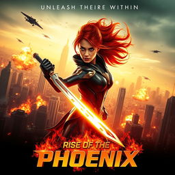 A captivating film poster for a fictional action movie titled 'Rise of the Phoenix'