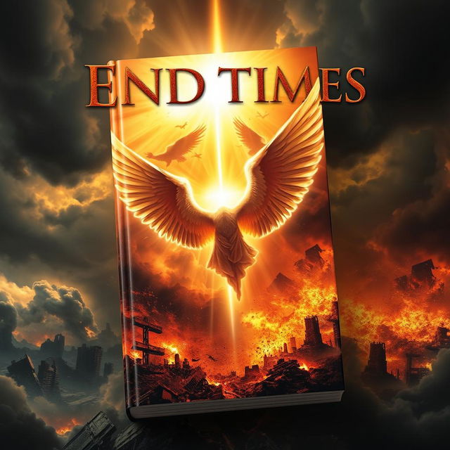 A captivating book cover featuring a dramatic apocalyptic scene with angels soaring through the skies