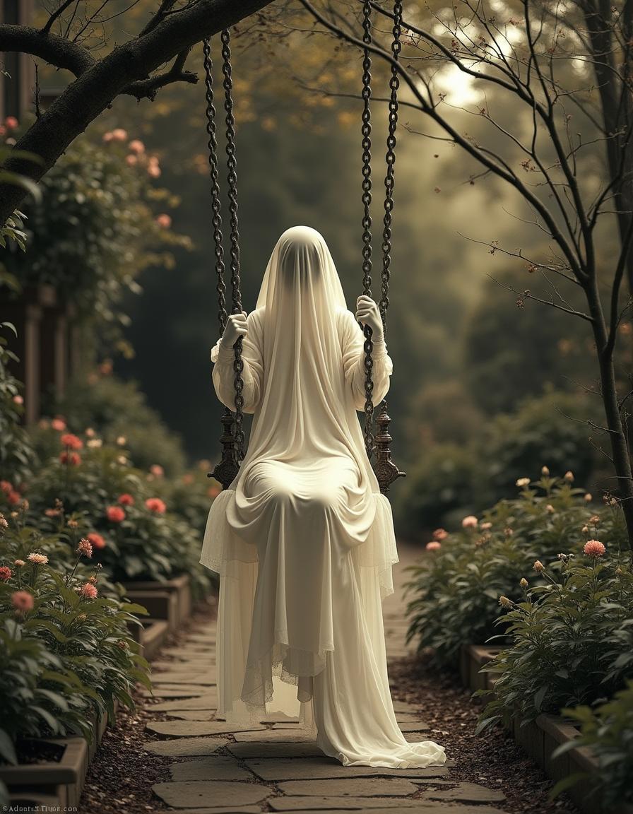 A Halloween-themed ghost gracefully swinging on an antique swing within a beautifully overgrown Victorian garden