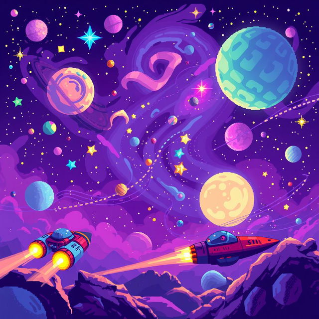 An imaginative pixel art scene set in a vibrant and colorful galaxy, featuring a starry sky filled with swirling nebulae, bright stars, and distant planets in a range of interesting shapes and colors