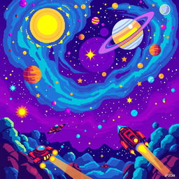 An imaginative pixel art scene set in a vibrant and colorful galaxy, featuring a starry sky filled with swirling nebulae, bright stars, and distant planets in a range of interesting shapes and colors