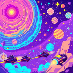 An imaginative pixel art scene set in a vibrant and colorful galaxy, featuring a starry sky filled with swirling nebulae, bright stars, and distant planets in a range of interesting shapes and colors