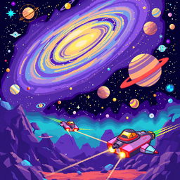 An imaginative pixel art scene set in a vibrant and colorful galaxy, featuring a starry sky filled with swirling nebulae, bright stars, and distant planets in a range of interesting shapes and colors