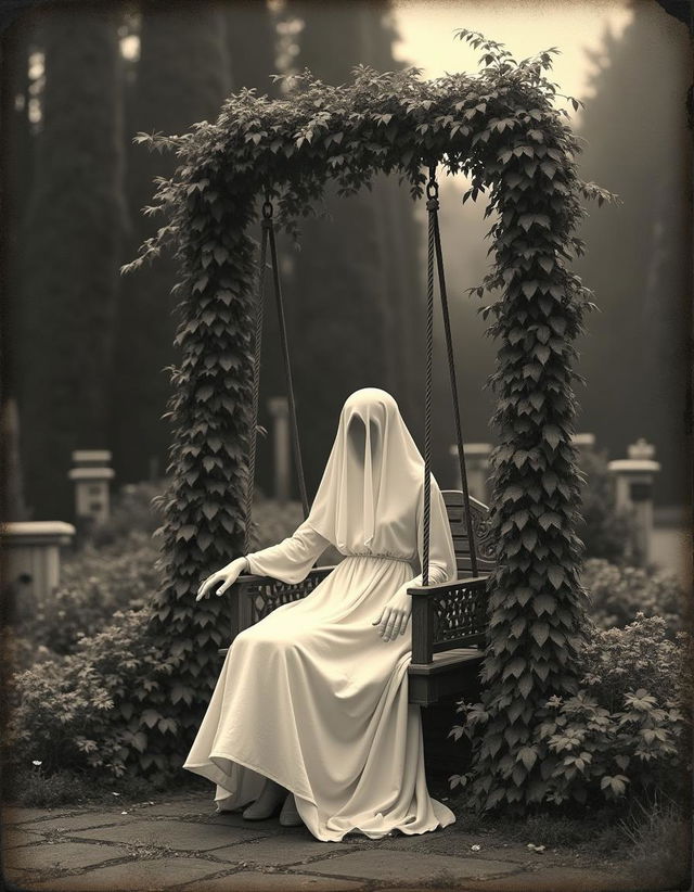 A Halloween-inspired scene featuring a ghostly figure seated on a vintage swing in a beautifully maintained Victorian garden