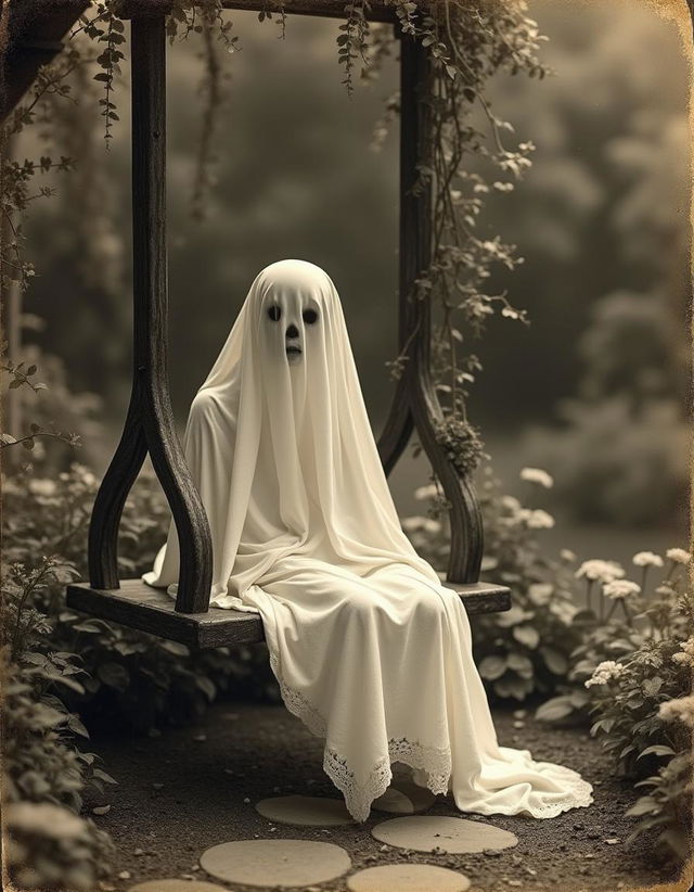 A Halloween-themed scene featuring a child-sized ghost sitting on an antique swing in a beautifully overgrown Victorian garden