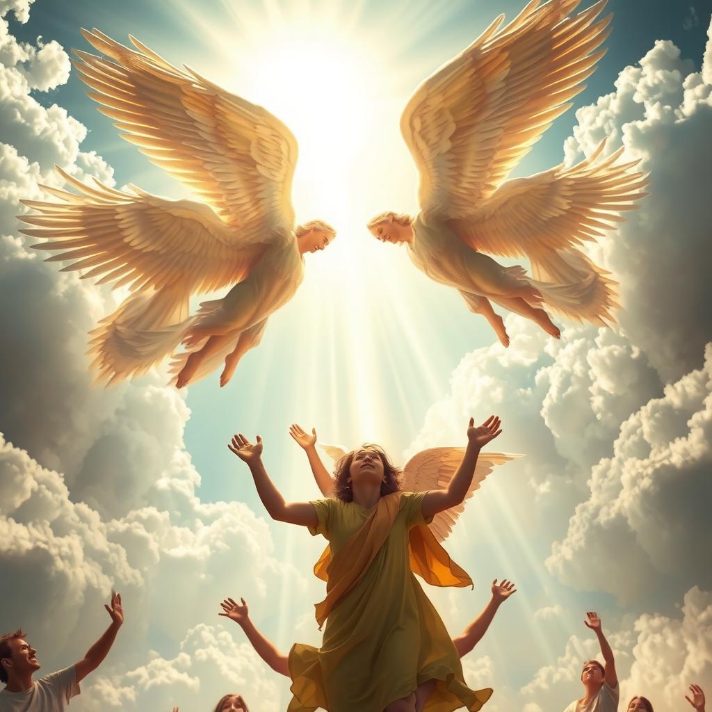 A breathtaking scene depicting angels in reference to the Book of Revelation, illustrating the rapture