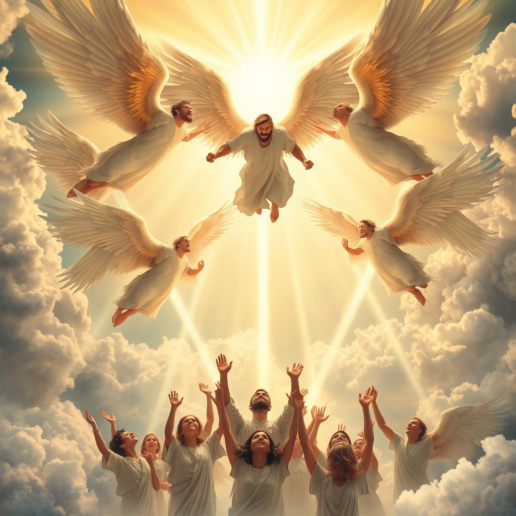 A breathtaking scene depicting angels in reference to the Book of Revelation, illustrating the rapture