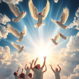 A breathtaking scene depicting angels in reference to the Book of Revelation, illustrating the rapture