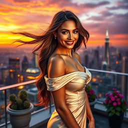 A stunning, hyper-realistic portrait of a glamorous woman on a rooftop terrace at sunset, overlooking a vibrant city skyline