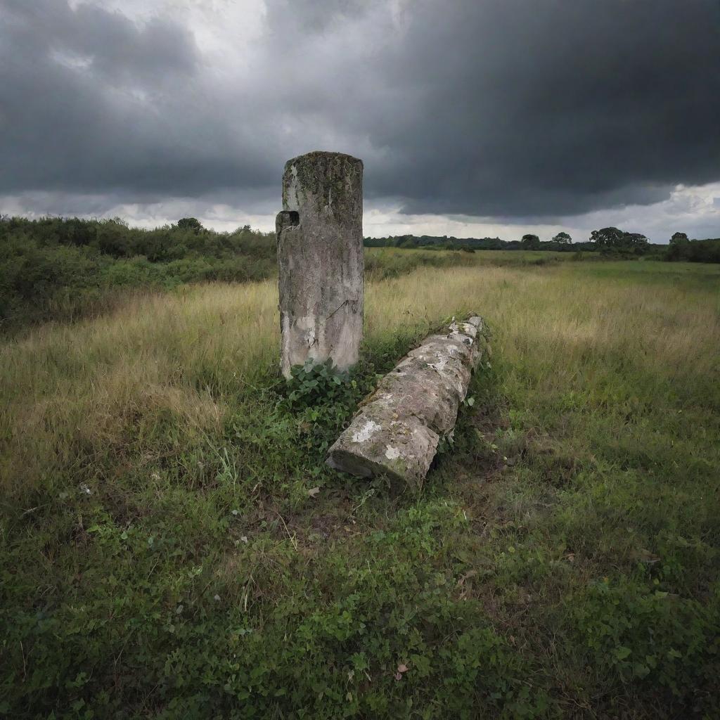 A fallen Roman-esque pillar, aged and weathered, lying amidst a thicket of overgrown grass under a sombre, cloudy sky