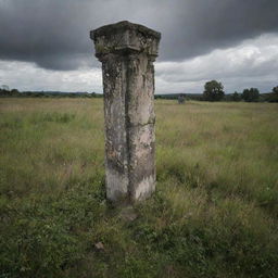 A fallen Roman-esque pillar, aged and weathered, lying amidst a thicket of overgrown grass under a sombre, cloudy sky